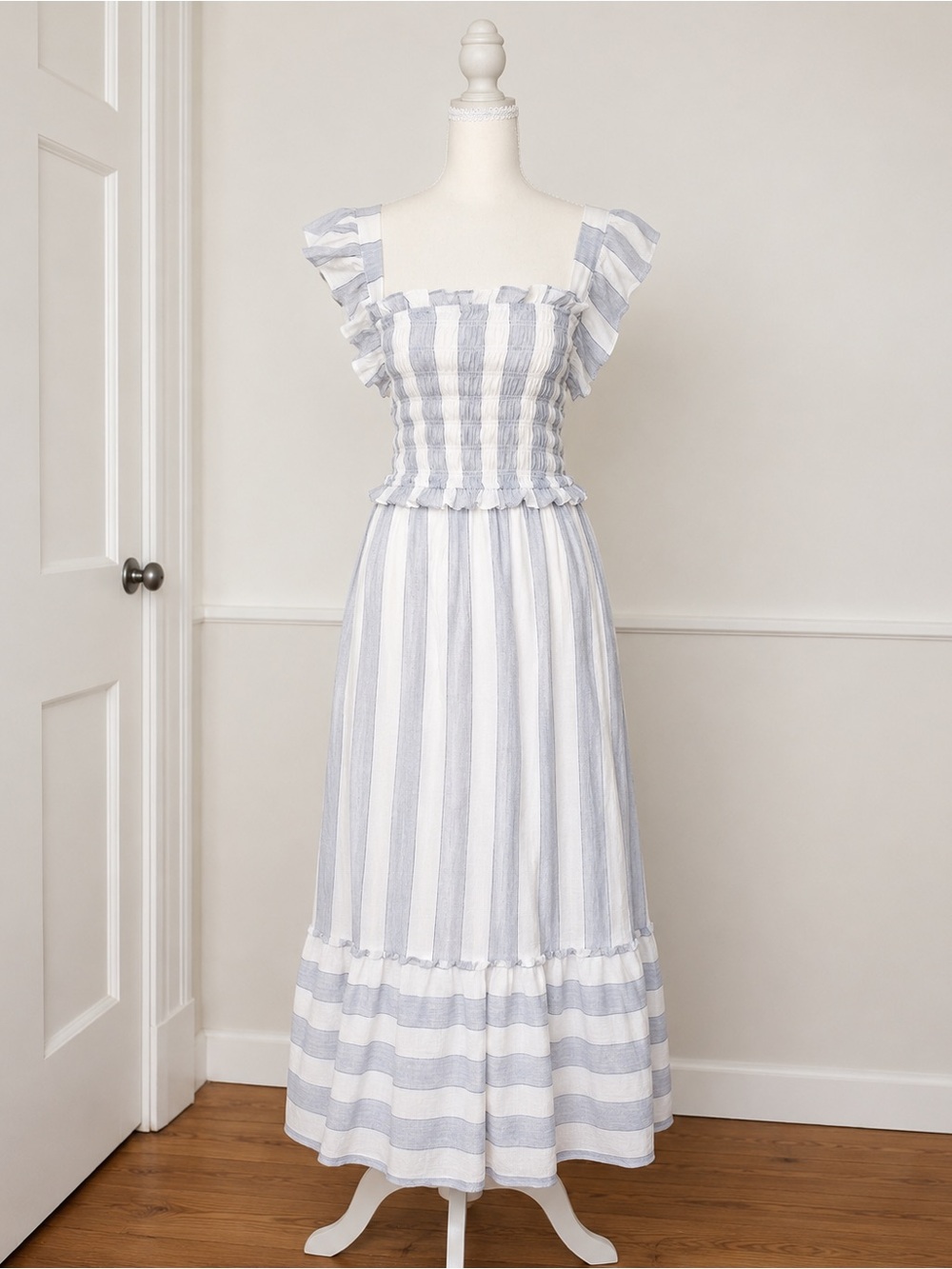 Smocked Square-Neck Maxi Dress in Light Blue & White Stripes
